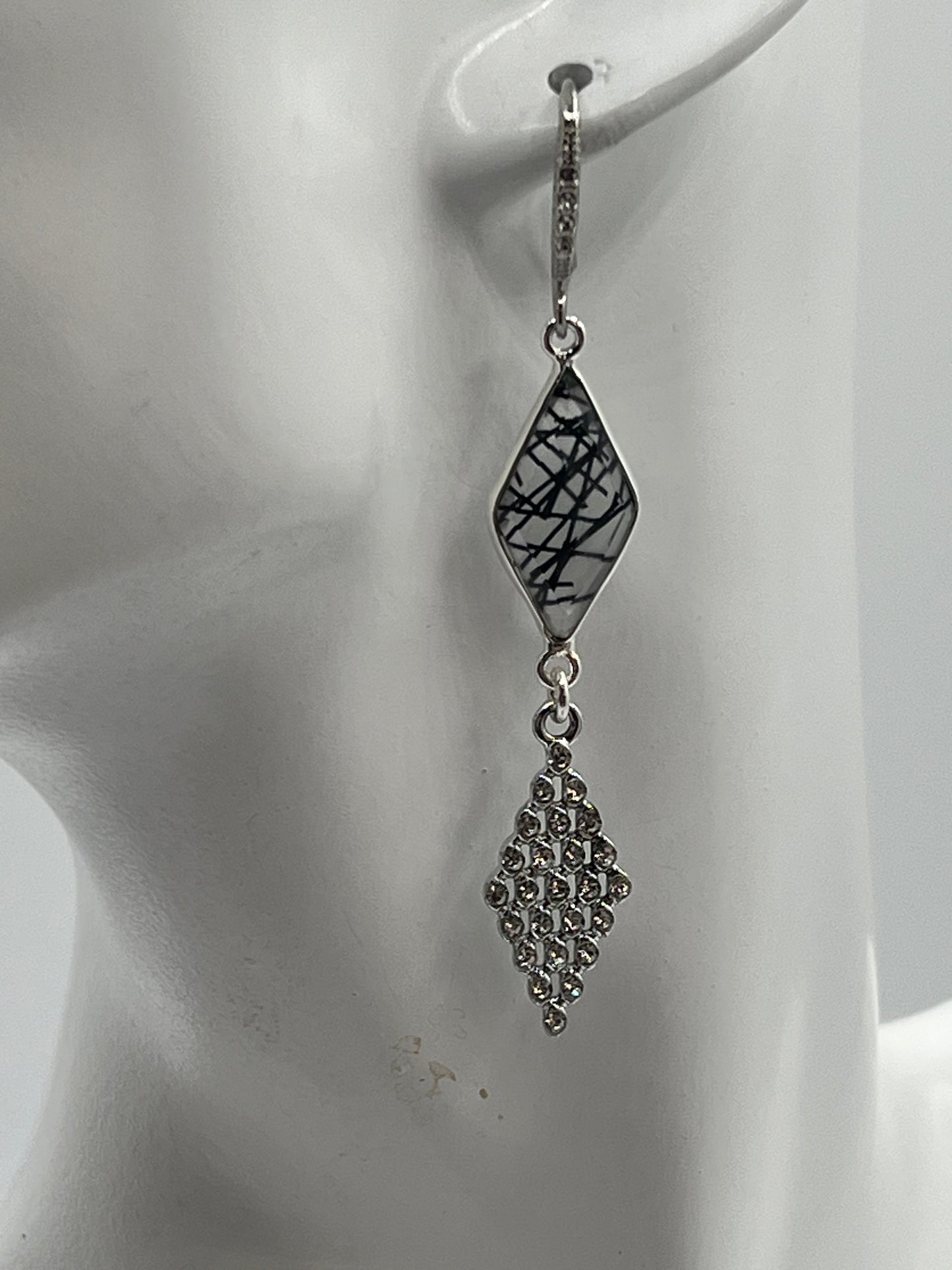 Silver Gemstone Earring with Black Rutile Diamond and Pave Star Diamond