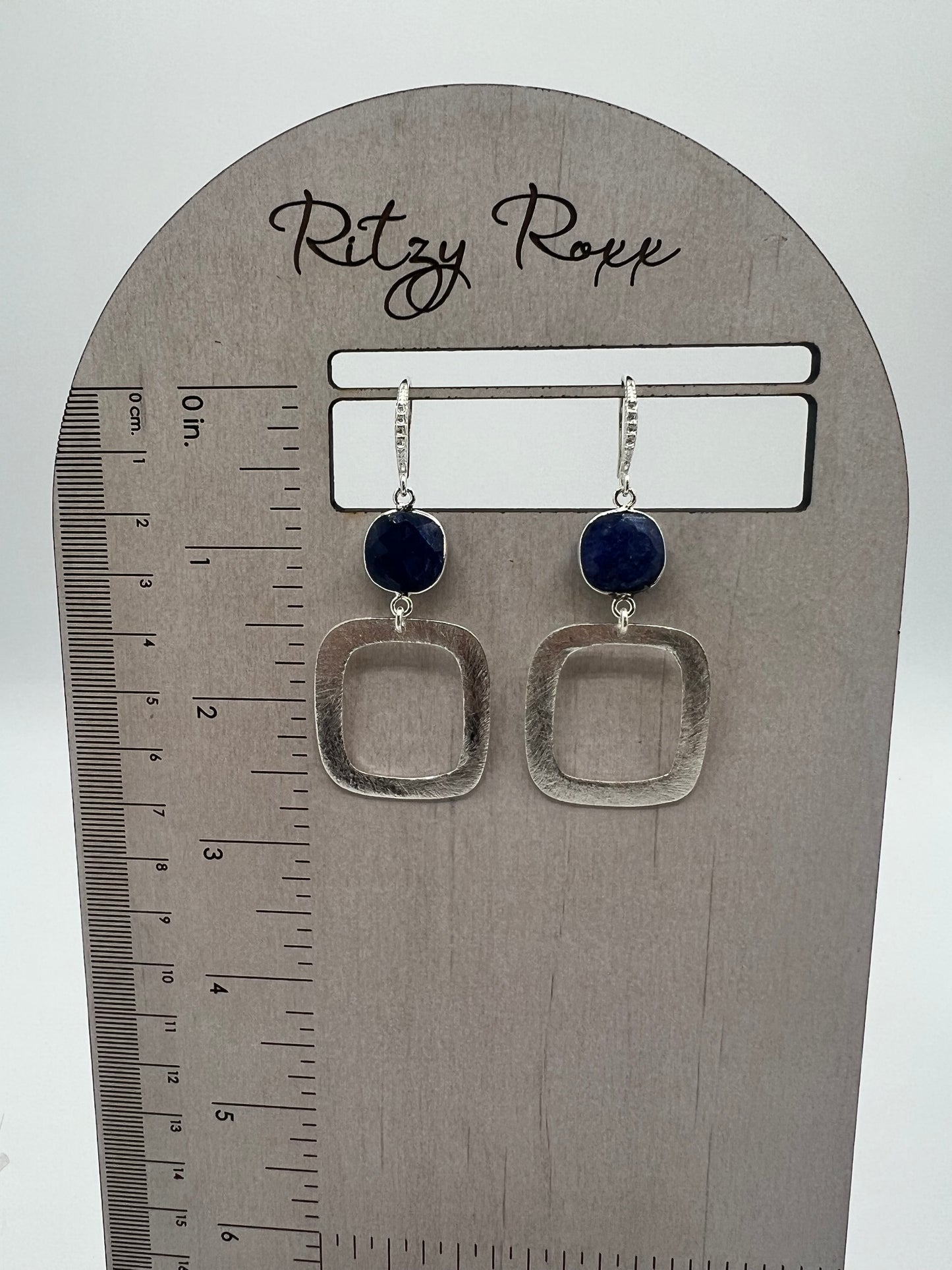 Silver Gemstone Earring, Blue Saphire Cushion Cut Stone, Square Brushed Silver Square Charm