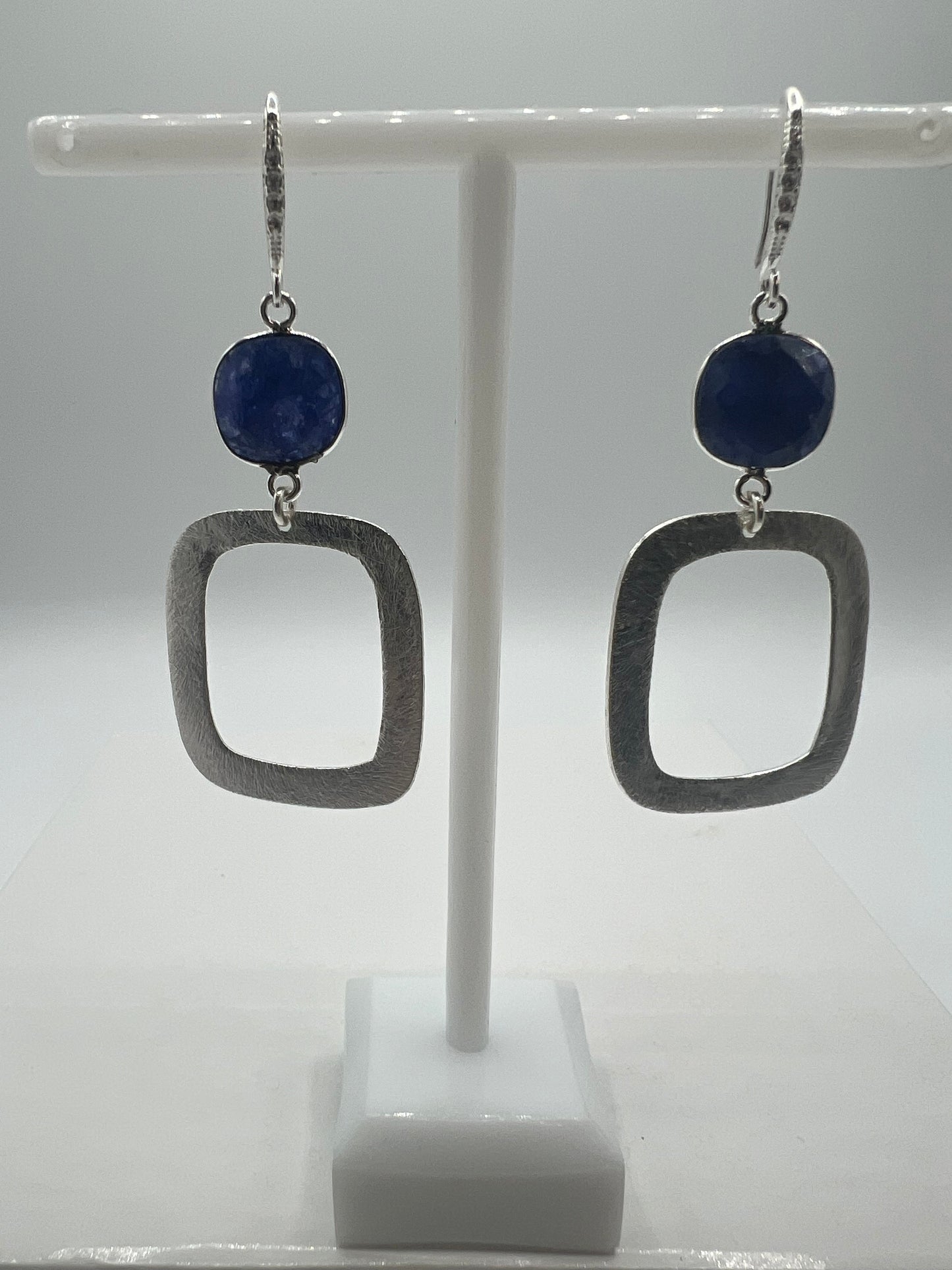 Silver Gemstone Earring, Blue Saphire Cushion Cut Stone, Square Brushed Silver Square Charm