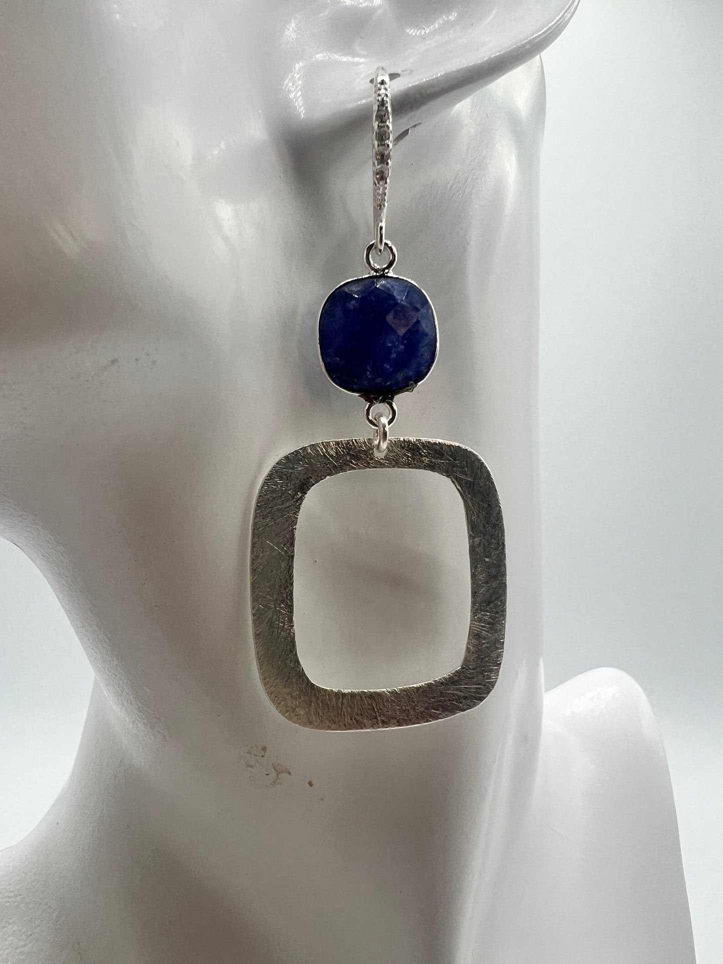 Silver Gemstone Earring, Blue Saphire Cushion Cut Stone, Square Brushed Silver Square Charm